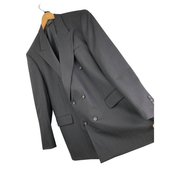 Jeffrey Banks Mens 46L Black Pinstripe Double-Breast Wool Suit Jacket 8908